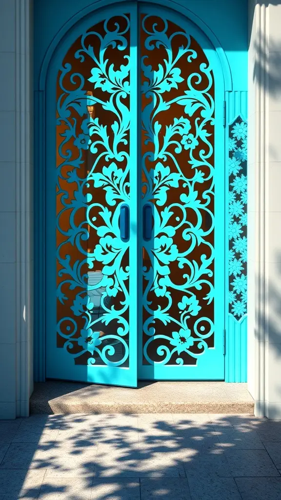 A vibrant cyan double door with intricate floral cut-out designs, allowing light to shine through.