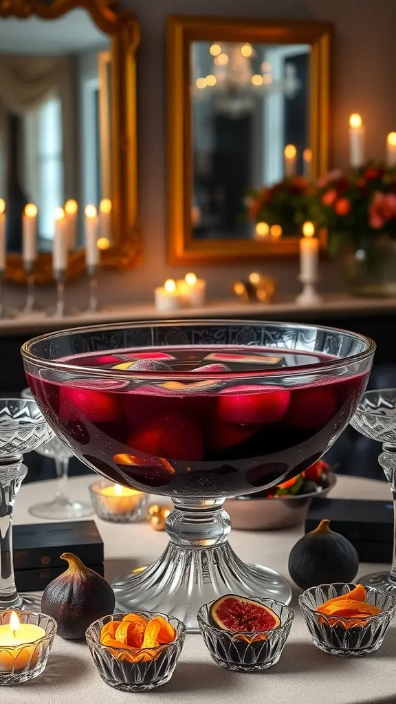 A beautifully set table featuring a delicious Fig & Orange Blossom Punch in a decorative glass bowl, surrounded by garnishes.