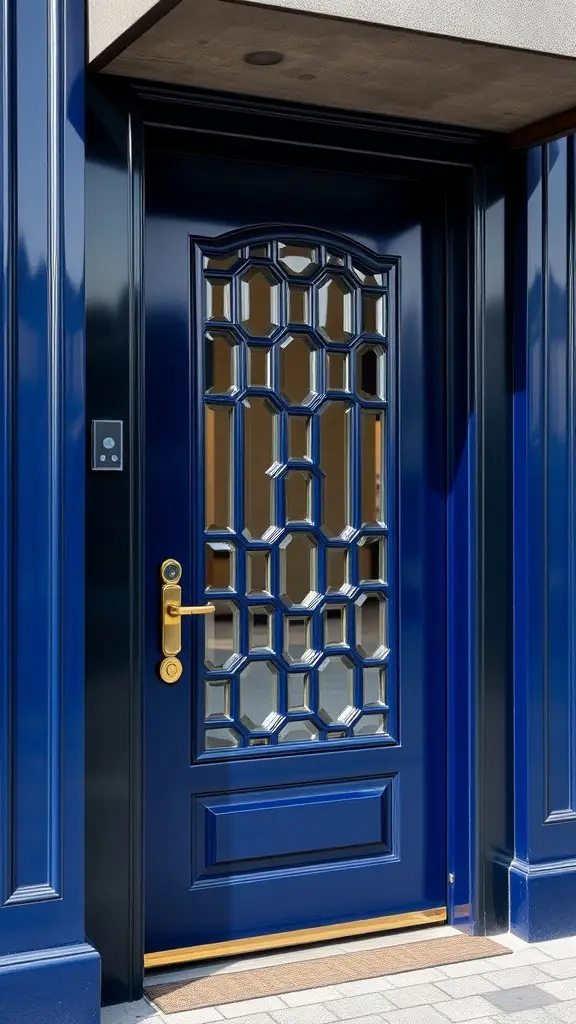 A striking navy blue front door with a geometric glass design and gold hardware.