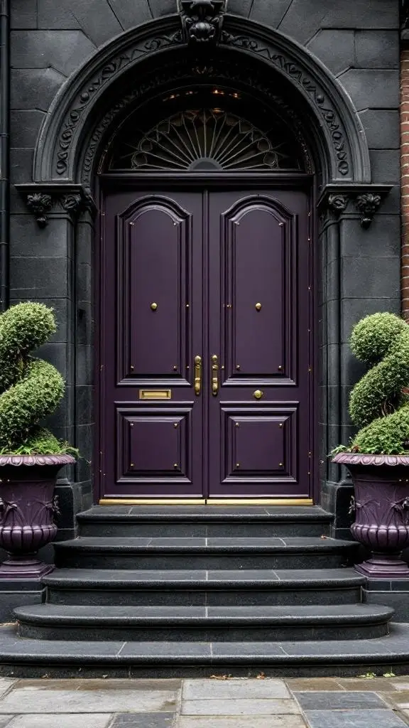 A Gothic Noir style front door in deep purple with ornate details and topiary sculptures on either side.