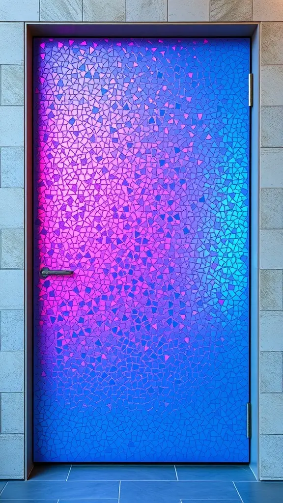 A modern mosaic front door featuring a vibrant gradient of blue and purple colors.