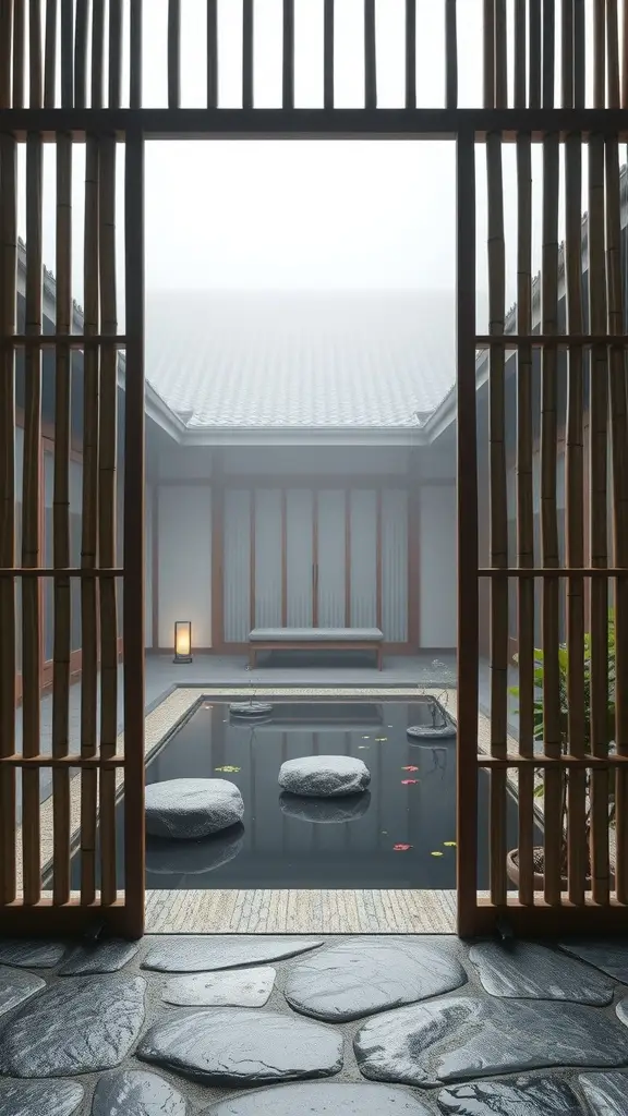 A bamboo gate opening to a serene courtyard with a pond and stone pathway.