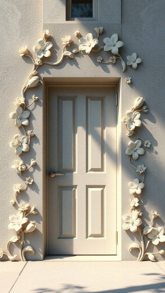 A front door framed by intricate floral designs carved into the concrete wall.