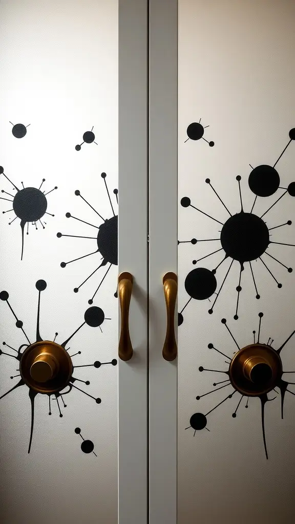 A modern glass door with black inkblot designs and golden handles.