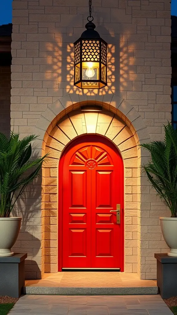 A vibrant red front door with an arched top, flanked by potted plants and illuminated by a lantern above.