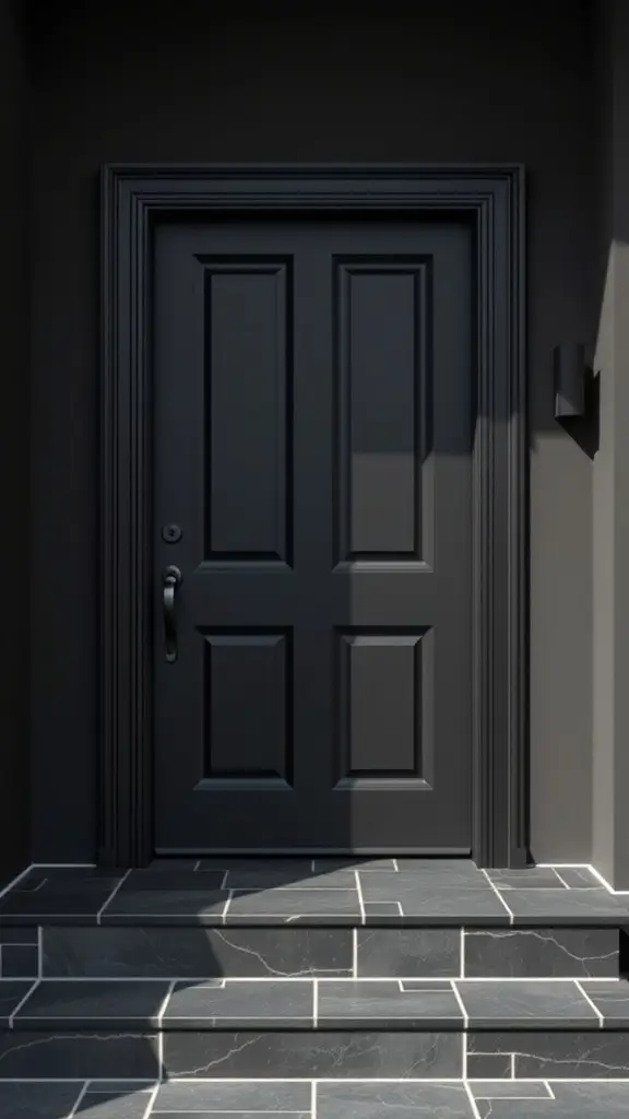 A sleek black front door with a modern design, set against a dark exterior and stone steps.