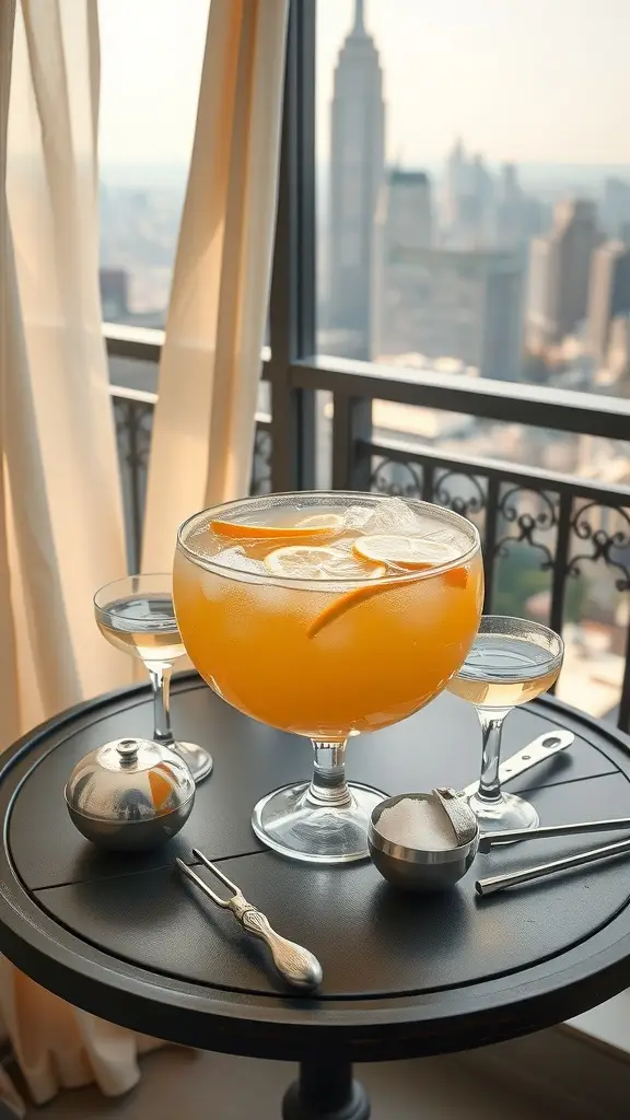 Refreshing Classsic Champagne Punch in a bowl surrounded by garnishes on a table.