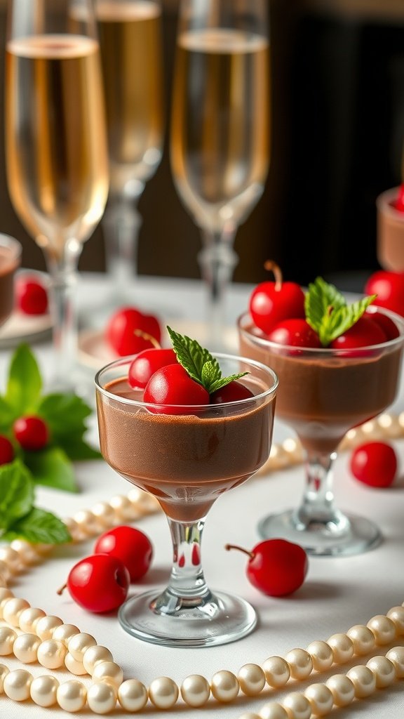 Luxurious Cherry Chocolate Mousse Cups with cherries and mint leaves, surrounded by pearls and champagne glasses.