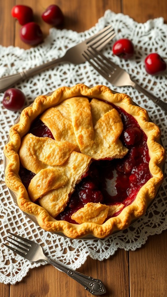 A classic cherry pie with a braided crust, surrounded by fresh cherries on a lace doily.