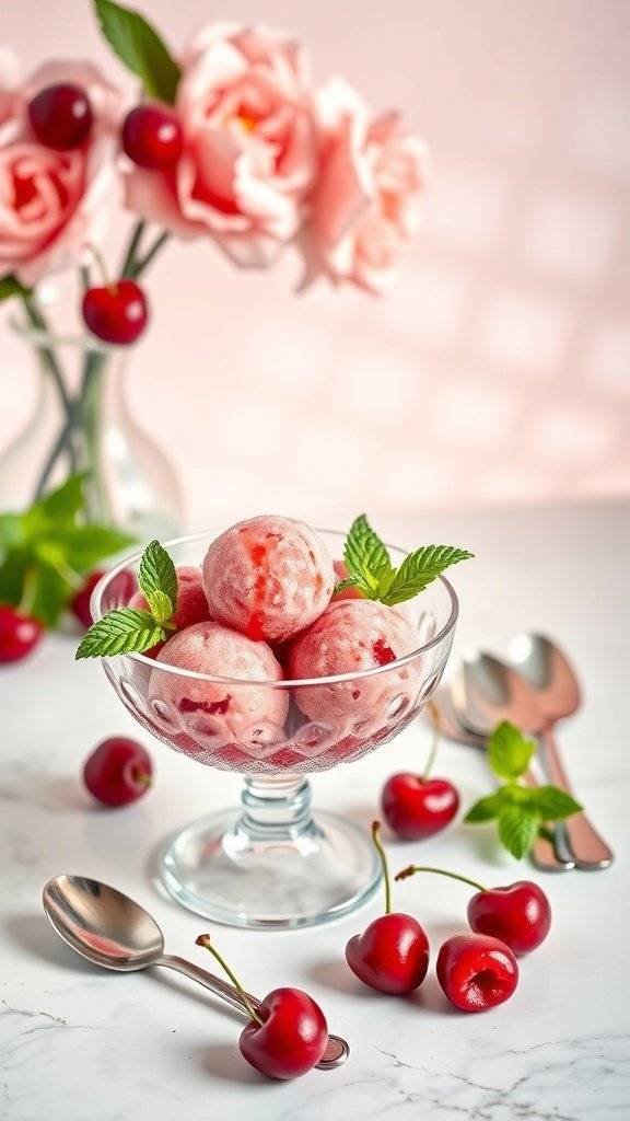A bowl of cherry sorbet garnished with mint leaves, surrounded by fresh cherries and pink roses.