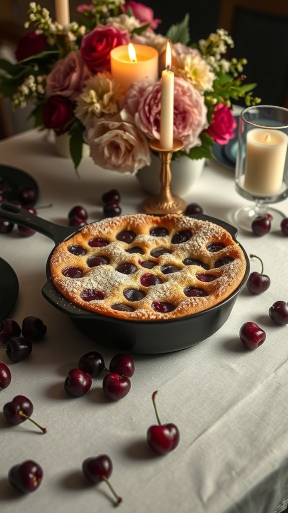 A delicious cherry clafoutis in a cast iron skillet, surrounded by fresh cherries and candles.