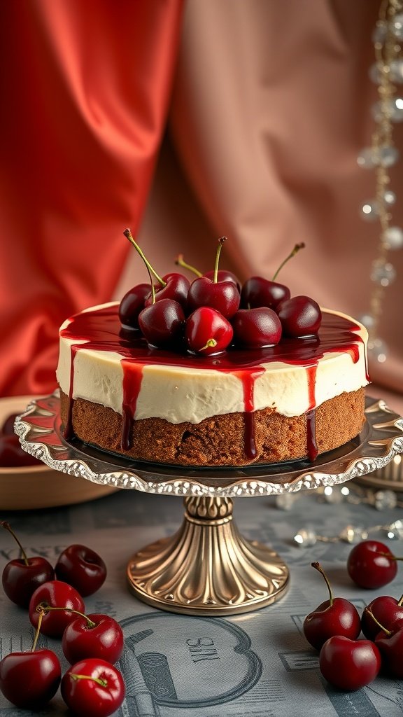 A cherry cheesecake with a graham cracker crust, topped with fresh cherries and cherry sauce, displayed on a silver cake stand.
