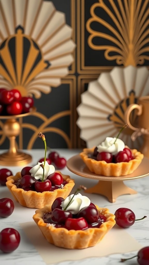 Sophisticated cherry tarts with puff pastry topped with whipped cream and fresh cherries