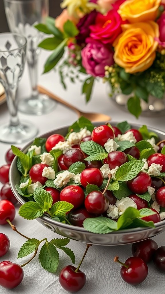 A vibrant cherry salad with feta cheese and mint, surrounded by fresh cherries and colorful flowers.