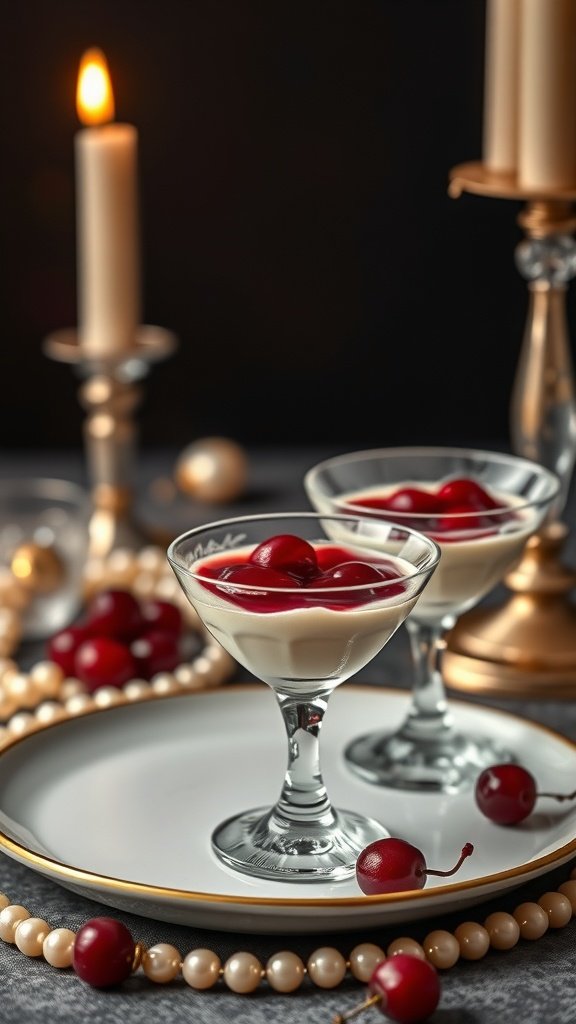 Two elegant glasses of cherry and vanilla panna cotta with cherries on top, surrounded by decorative pearls and candles.