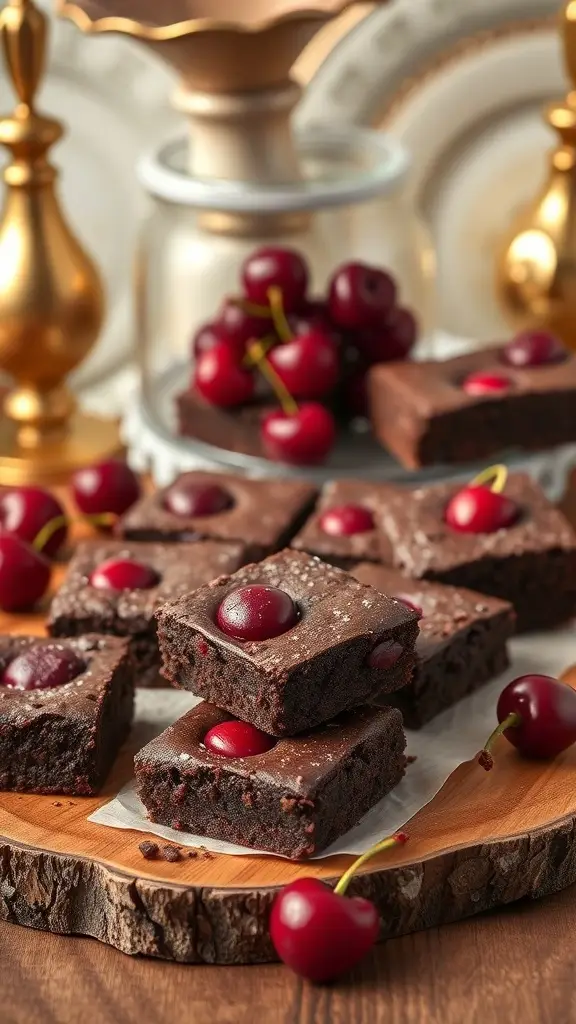 A plate of cherry brownies with a gooey center, garnished with fresh cherries.