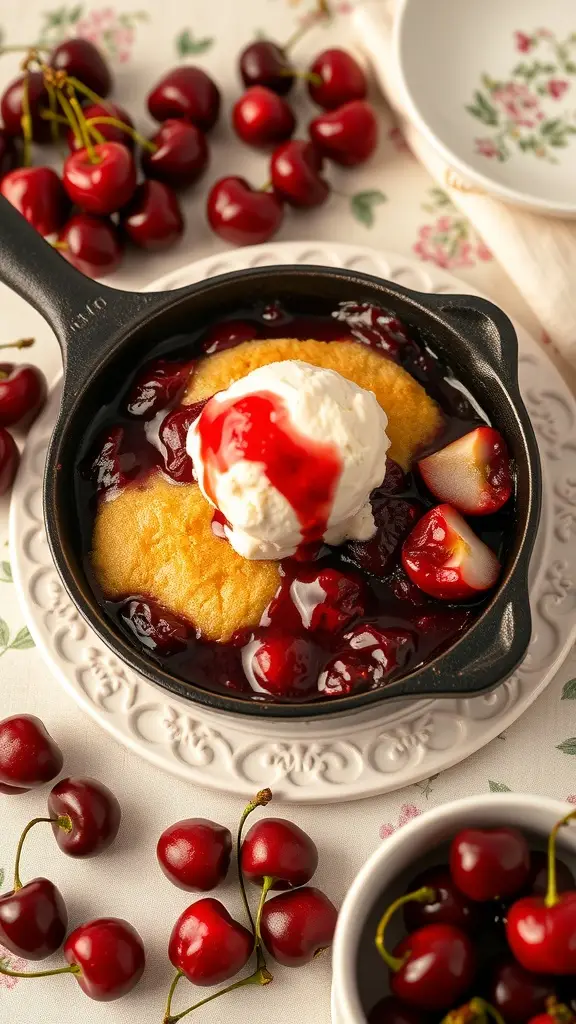 A warm cherry cobbler topped with vanilla ice cream in a cast-iron skillet, surrounded by fresh cherries.