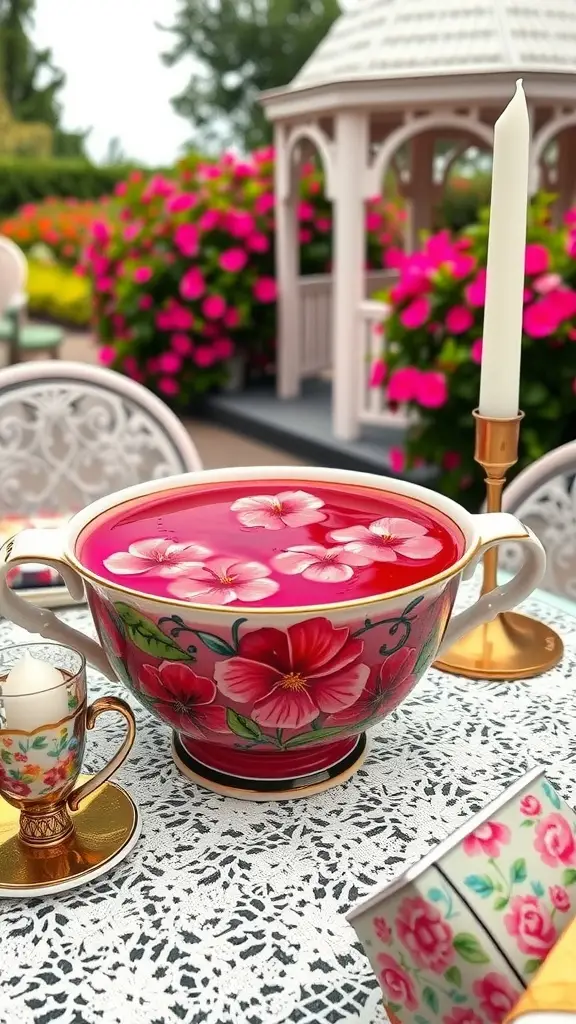 A vibrant hibiscus rum punch served in a decorative bowl with floral patterns.