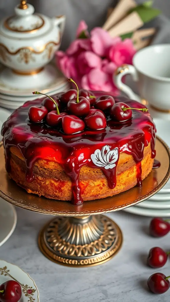 A beautiful Cherry Upside-Down Cake topped with fresh cherries and a glossy cherry glaze, displayed on an elegant cake stand.