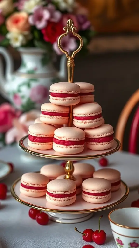 A tiered stand displaying elegant cherry macarons, surrounded by fresh cherries and flowers.