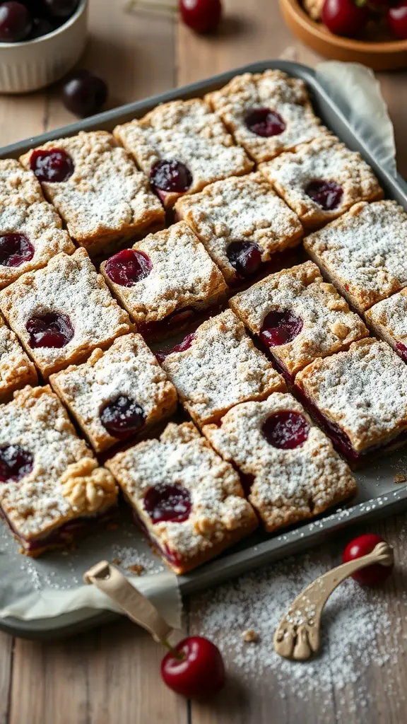 Rich Cherry and Walnut Crumble Bars with powdered sugar on top