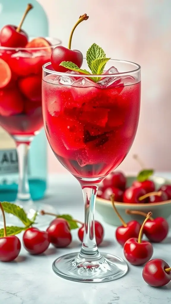 A refreshing cherry granita served in a glass with mint leaves, surrounded by fresh cherries.