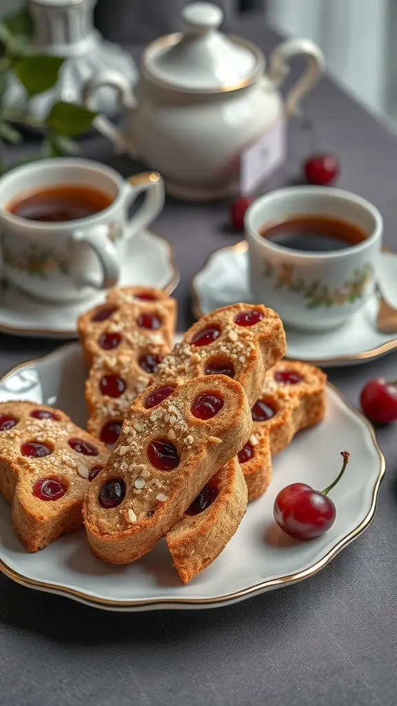 Cherry and almond biscotti on a plate with tea cups in the background