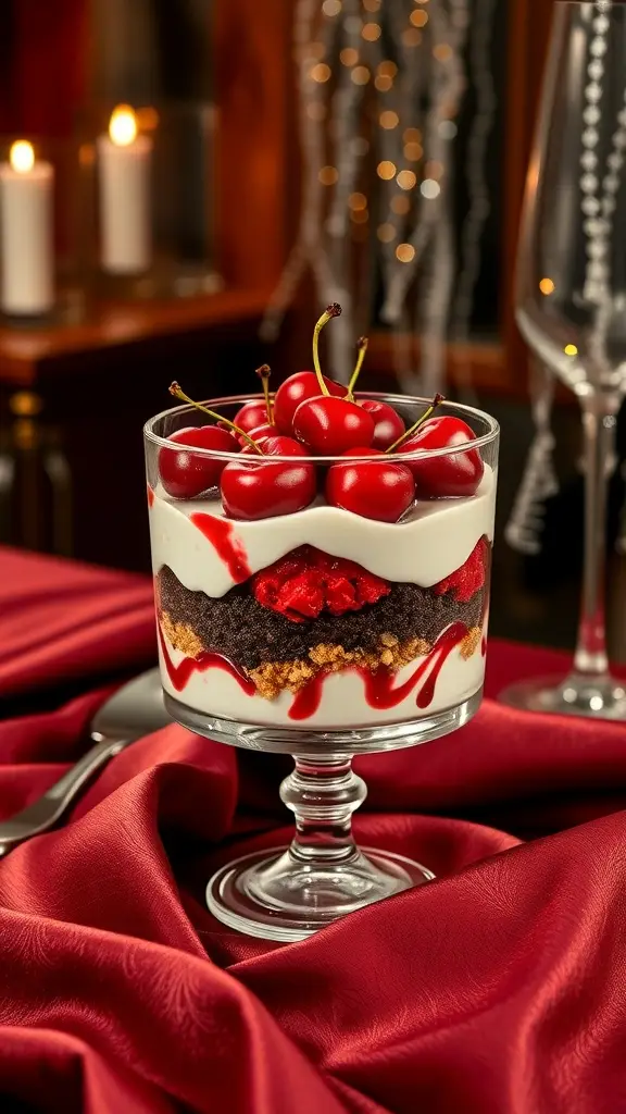 A beautiful cherry and cream trifle in a glass dish, layered with cookies, cherry filling, and whipped cream, topped with fresh cherries.