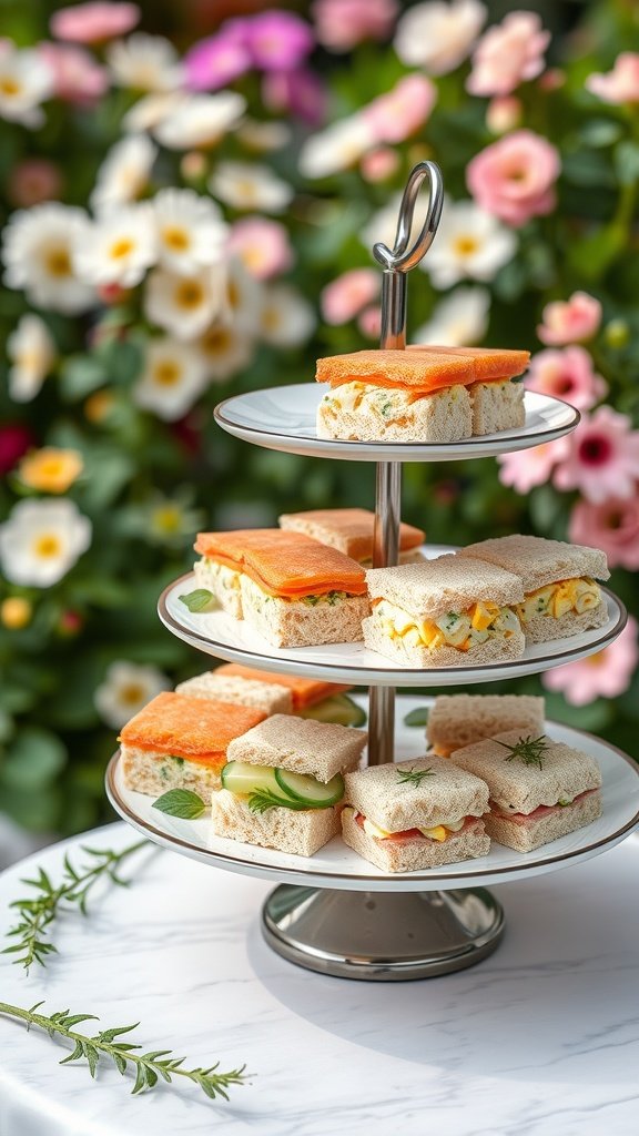 A tiered high tea tower filled with colorful miniature sandwiches surrounded by flowers.