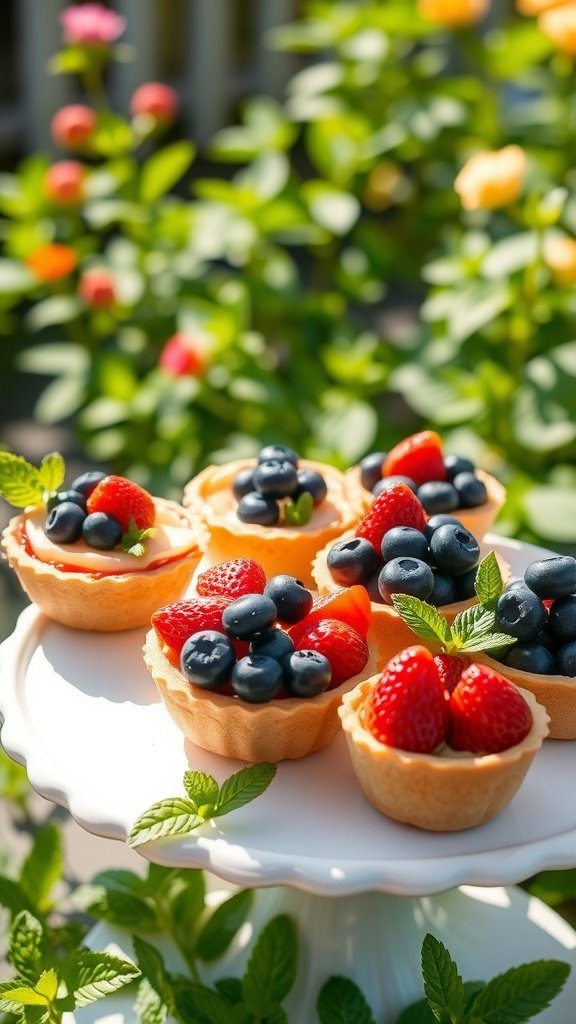 A display of fruit tarts topped with strawberries and blueberries, set against a garden backdrop.