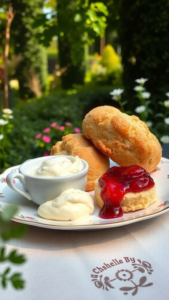 Classic scones with clotted cream and jam on a plate in a garden setting