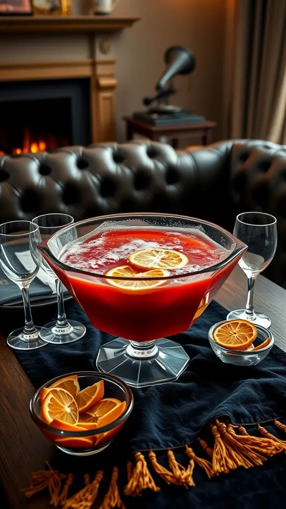 Blood Orange Prohibition Punch in a punch bowl with slices of blood orange on a velvet table runner.