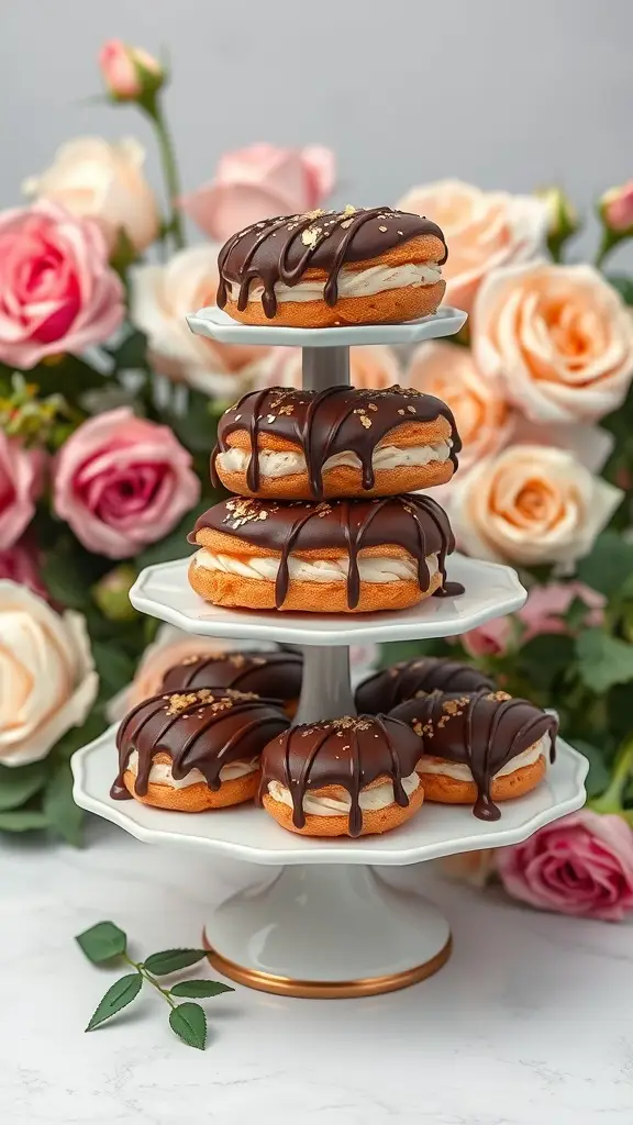 A tiered stand filled with rich chocolate eclairs, surrounded by roses.