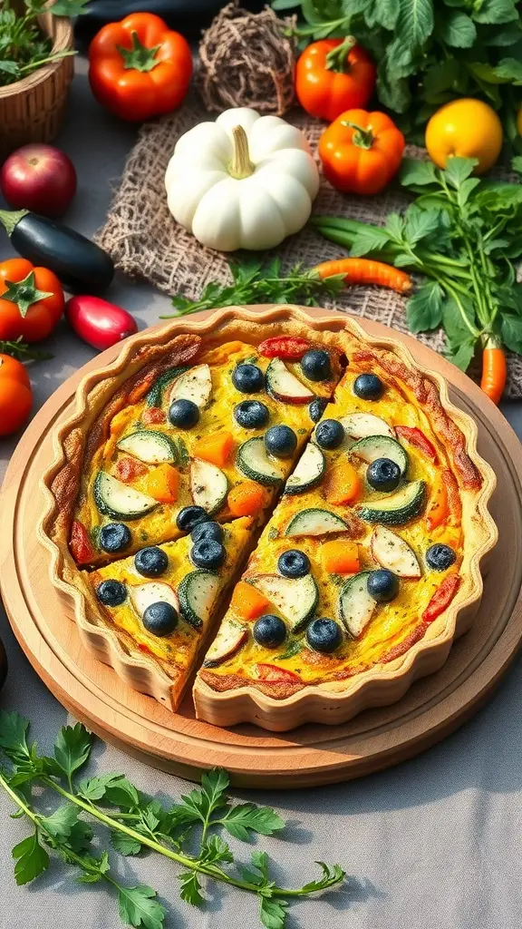 A savory quiche with seasonal vegetables, beautifully arranged on a wooden platter surrounded by fresh produce.