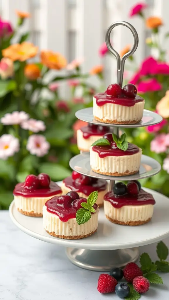 Mini cheesecakes topped with berry compote on a tiered stand in a garden setting