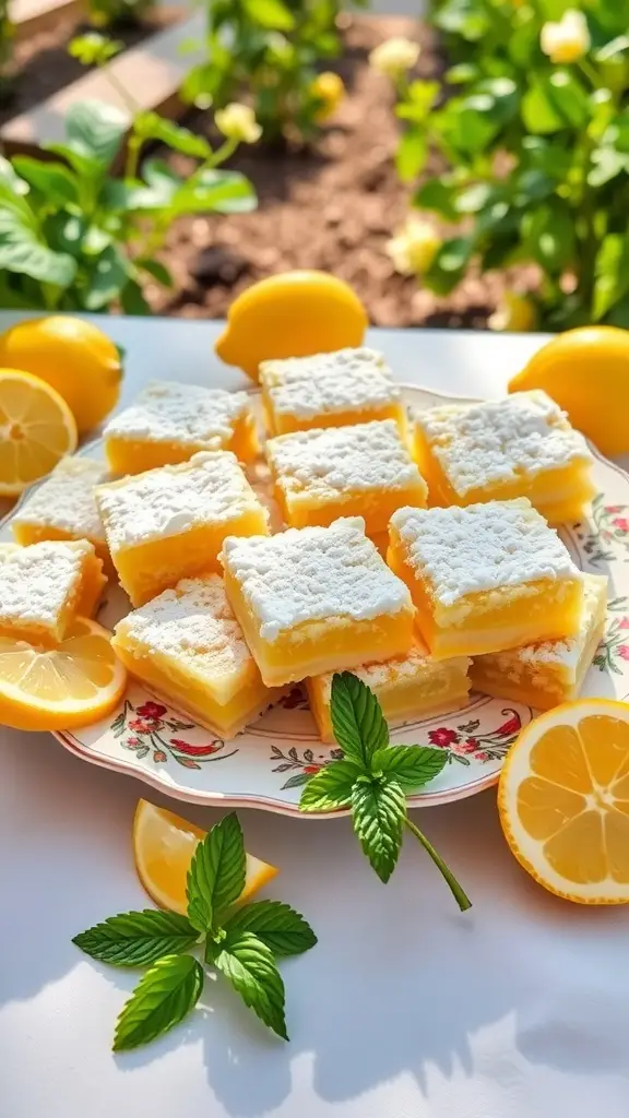 A plate of refreshing lemon bars garnished with mint leaves and surrounded by fresh lemons in a garden setting.