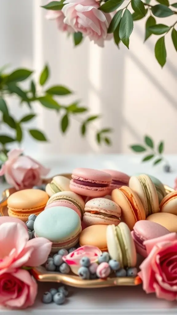 A beautiful display of colorful macarons on a gold tray surrounded by roses and blueberries.