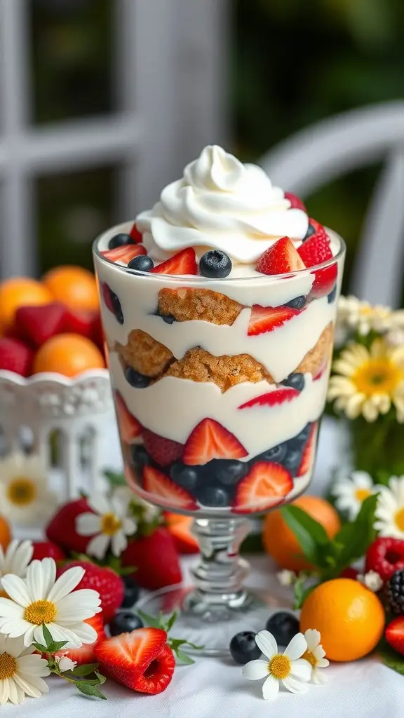 A traditional English trifle with layers of sponge cake, custard, and fresh berries, garnished with whipped cream and mint leaves.