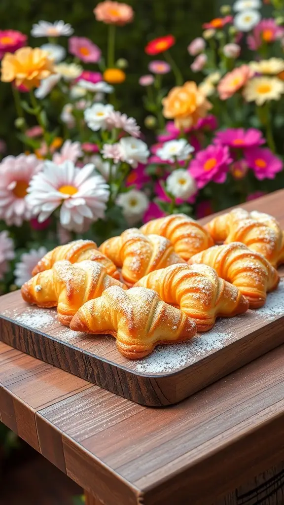A wooden platter with golden-brown palmiers dusted with powdered sugar, surrounded by colorful flowers.
