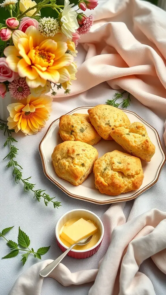 Savory cheese and herb scones with butter on a plate, surrounded by flowers.
