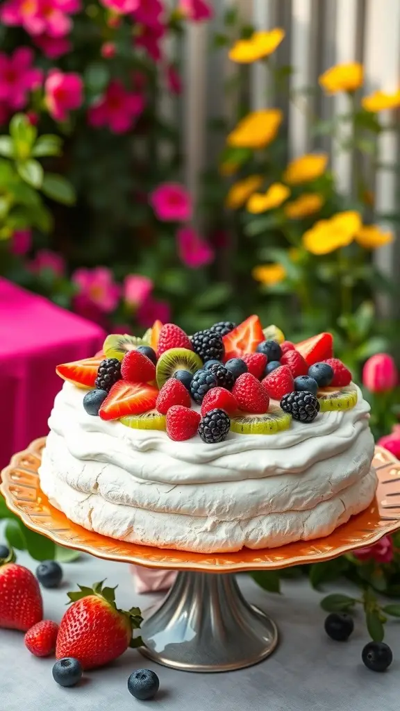 A beautiful pavlova topped with fresh fruits, set against a backdrop of colorful flowers.