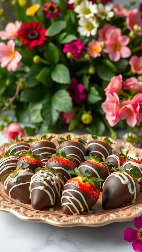 A plate of chocolate-dipped strawberries decorated with white chocolate drizzle, surrounded by colorful flowers.