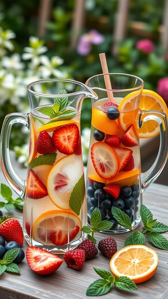 Two pitchers of fruit-infused water with strawberries, blueberries, oranges, and mint leaves, set against a garden backdrop.