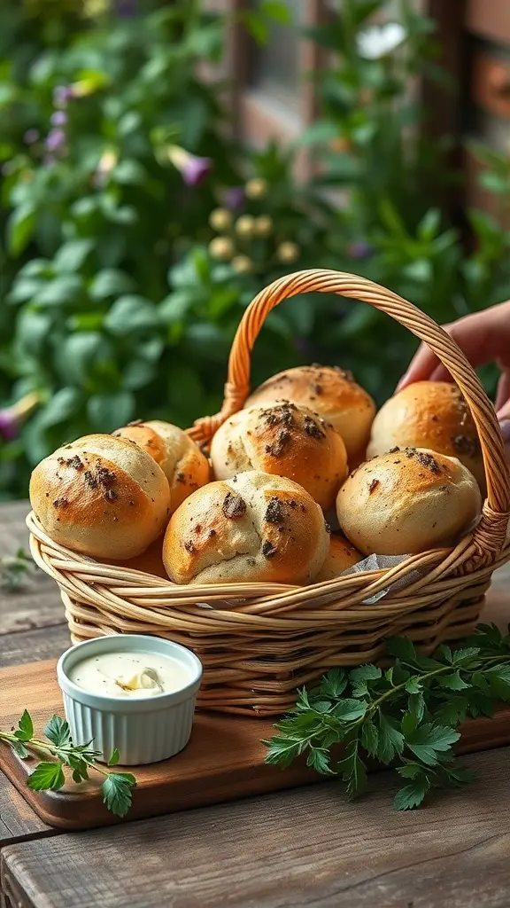 A basket of artisan bread rolls with herb butter on a wooden table, surrounded by greenery.