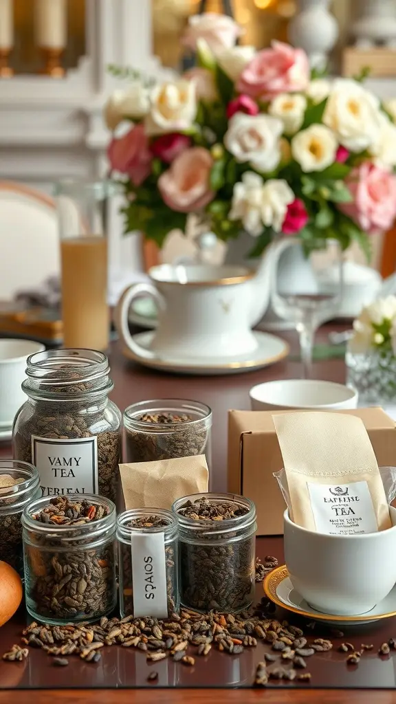 A selection of gourmet teas in jars with a floral centerpiece, perfect for a high tea setup.