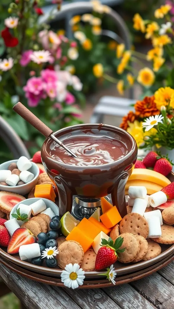 A chocolate fondue pot surrounded by fresh fruits, cookies, and marshmallows, perfect for a Gatsby garden party.