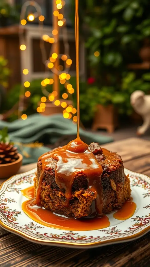 A classic British pudding drizzled with caramel sauce on a vintage plate, set in a cozy garden atmosphere.