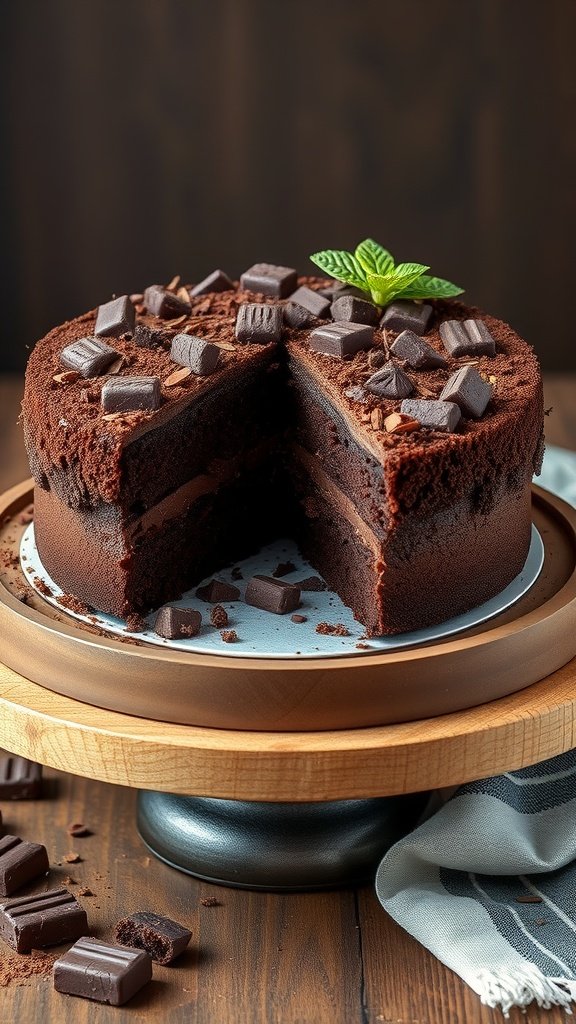 A luxurious Earl Grey infused chocolate cake with a slice cut out, topped with chocolate chunks.
