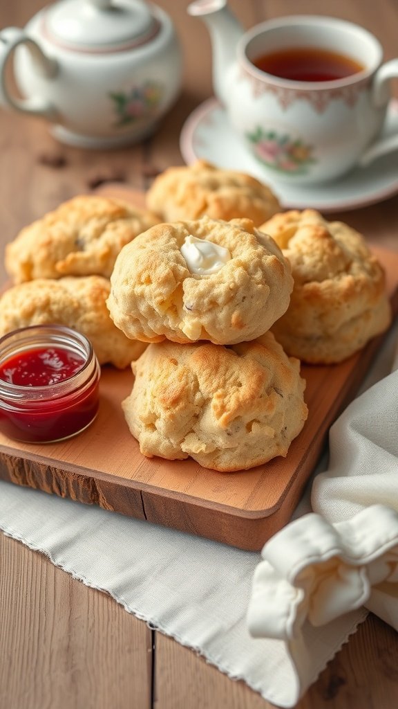 Earl Grey scones served with clotted cream and jam on a wooden platter
