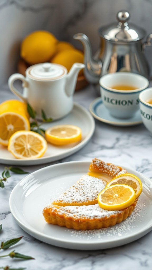 A beautifully presented Earl Grey-infused lemon tart with lemon slices and a teapot in the background.